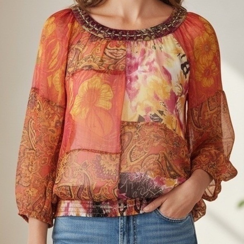 VTG Boho Patchwork Womens Top M Orange Sheer Paisley Floral Artsy Retro Hippie